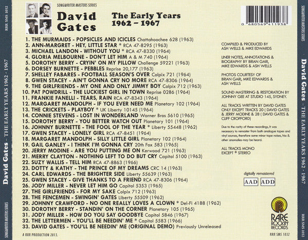 Image of Back Cover of CD - VG+/EX - DAVID GATES, The Early Years 1962-1967 (Rare Rockin' Records; RRR SMS 1032, Australia 2013, Jewel Case, Booklet), ,  - 4236249E