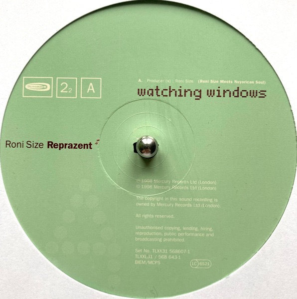 Image of Label Cover of 2x12" - G+/G+ - RONI SIZE / REPRAZENT, Watching Windows (Talkin' Loud; TLXX 31, UK 1998, Stickered Company Sleeve), Hairlines and marks. Sleeve is creased and ringworn.,  - 4216678C