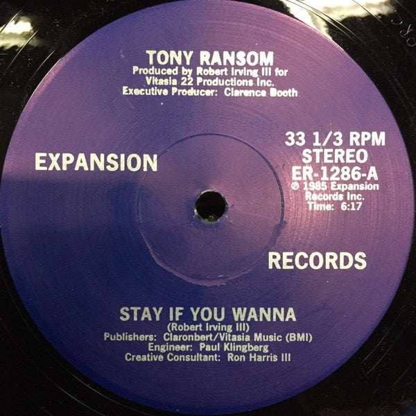 Image of Front Cover of 12" - /VG - TONY RANSOM, Stay If You Wanna (Expansion Records Inc.; ER-1286, US 1985, Plain Sleeve), Light marks only,  - 4216671C