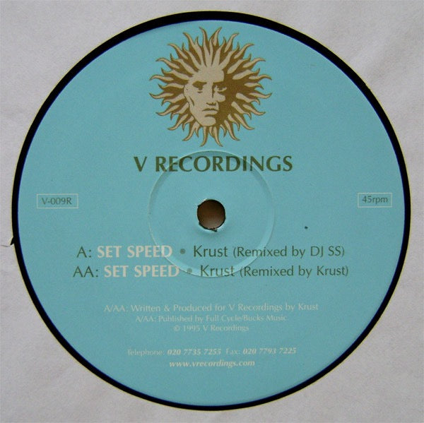 Image of Label Cover of 12" - G+/VG - KRUST, Set Speed (Remixes) (V Recordings; V-009R, UK 2000 Reissue, Company Sleeve), Sleeve ringworn.,  - 4216679C