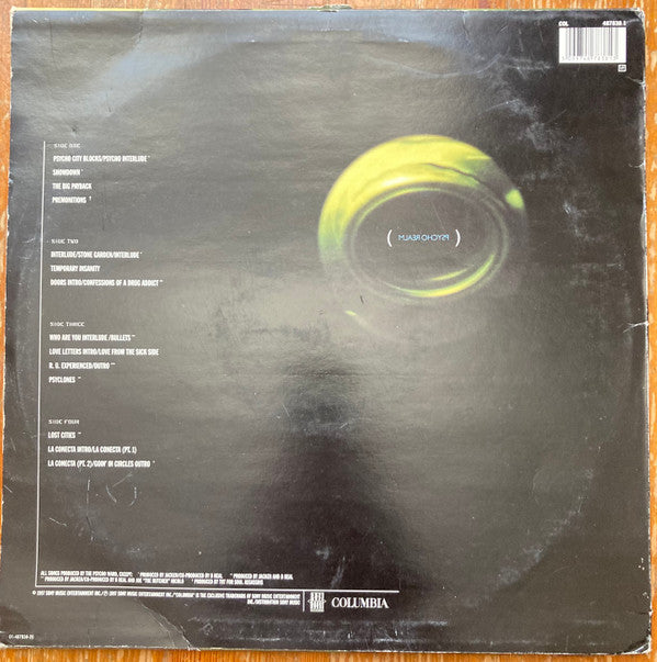Image of Back Cover of 2xLP - G/G - PSYCHO REALM, The Psycho Realm (Ruffhouse Records ; 487838 1, Europe 1997, Picture Sleeve, 2 Inners), Discs have a lot of hairlines, and one scratch that causes audible pops across most of A side, but no skips. Sleeve is worn and torn at opening,  - 4226369E