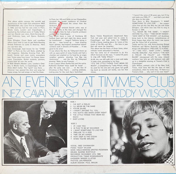 Image of Back Cover of LP - VG/VG - INEZ CAVANAUGH WITH TEDDY WILSON, An Evening At Timme's Club (Sonet; SLPS 1005, Denmark 1969, Laminated Flipback Sleeve), Hairlines and light scuffs. Corner wear, wear to opening edge.,  - 4246457S