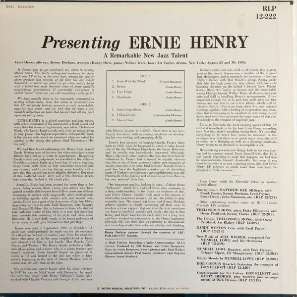 Image of Back Cover of LP - VG/VG+ - ERNIE HENRY, Presenting Ernie Henry (Milestone; SMJ-6040M, Japan 1974 Reissue, Pasteback Sleeve, Insert), Edge wear - not to spine, large seam split to top edge, no obi.,  - 4246458S