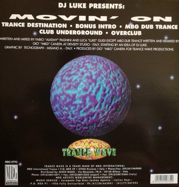 Image of Back Cover of 12" - VG+/VG - DJ LUKE, Movin' On (Trance Wave; MBG 0793, Italy 1993, Picture Sleeve), opened shrink. light marks only,  - 4246499S