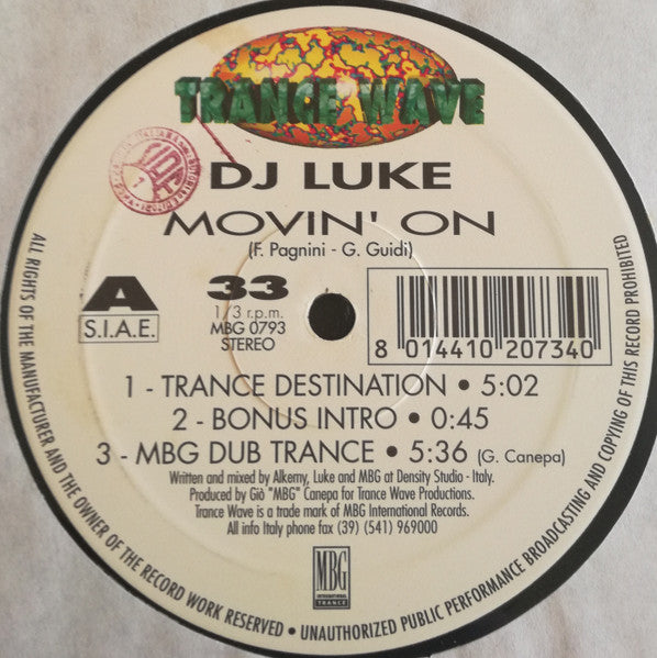 Image of Label Cover of 12" - VG+/VG - DJ LUKE, Movin' On (Trance Wave; MBG 0793, Italy 1993, Picture Sleeve), opened shrink. light marks only,  - 4246499S