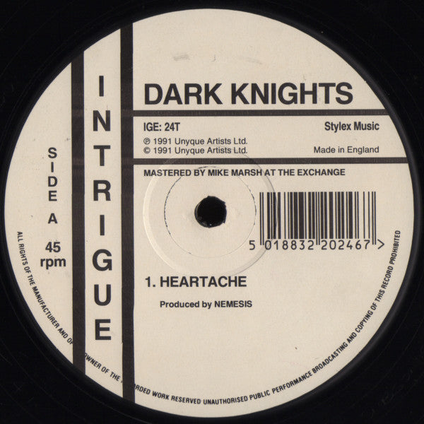 Image of Front Cover of 12" - VG+/VG+ - DARK KNIGHTS, Heartache (Intrigue Records; IGE: 24T, UK 1991, Die Cut Company Sleeve), ,  - 4246502S