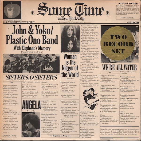 Image of Front Cover of 2xLP - VG/VG - JOHN LENNON, YOKO ONO, PLASTIC ONO BAND WITH ELEPHANT'S MEMORY PLUS INVISIBLE STRINGS, Some Time In New York City (Apple; PCSP716, US 1972, Gatefold, 2 Inners, NO Postcard, NO Petition), Light marks, cover brubby as is unlaminated, seam splits & creases on Inners,  - 4246307S