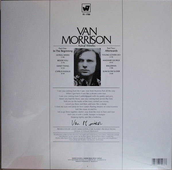 Image of Back Cover of LP - EX/VG+ - VAN MORRISON, Astral Weeks (Warner Records; 081227950378, Europe 2020 Reissue), Sleeve has a corner crease, still In opened shrinkwrap with hype sticker.,  - 4216727C