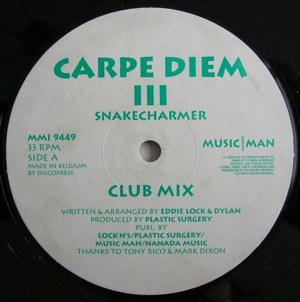 Image of Front Cover of 12" - VG/VG - CARPE DIEM, III - Snakecharmer (Music Man Records ; MMI 9449, Belgium 1994, Stickered Plain Sleeve), ,  - 4246373S