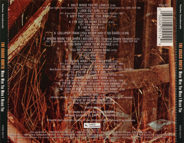 Image of Back Cover of CD - VG+/VG+ - THE GRASS ROOTS, Where Were You When I Needed You (Var�se Sarabande; VSD-5511, US 1994), ,  - 4356001S