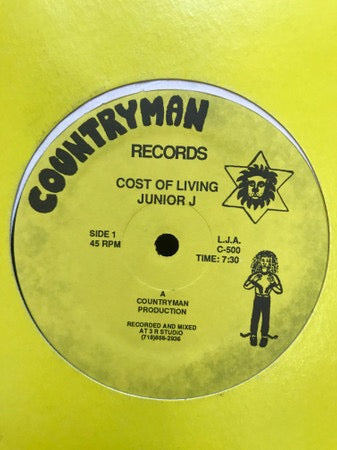 Image of Front Cover of 12" - /VG+ - JUNIOR J, Cost Of Living / Life In N.Y.C. (Countryman Records; C-500, US 1999, Plain Sleeve), ,  - 4316131C