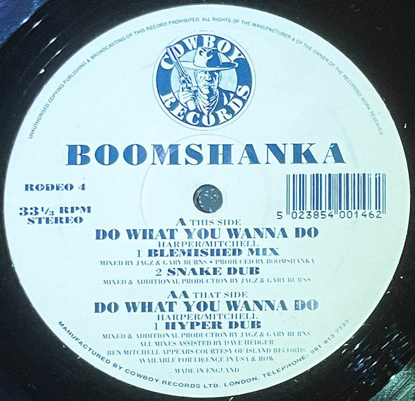 Image of Front Cover of 12" - VG/VG - BOOMSHANKA, Do What You Wanna Do (Cowboy Records; RODEO 4, UK 1992, Die Cut Company Sleeve), Light marks only. Writing on sleeve., A1	Do What You Wanna Do (Blemished Mix)A2	Do What You Wanna Do (Snake Dub)AA1	Do What You Wanna Do (Hyper Dub)Label sides blue and white - 4326017E