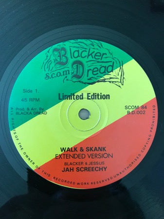 Image of Front Cover of 12" - /G+ - JAH SCREECHY, DAWBAZ BAND, Walk & Skank (Extended Version) / Stop & Mix (Batman & Robin Style) (Blacker Dread; B.D. 002, UK 1984, Plain Sleeve), Light marks only,  - 4316133C
