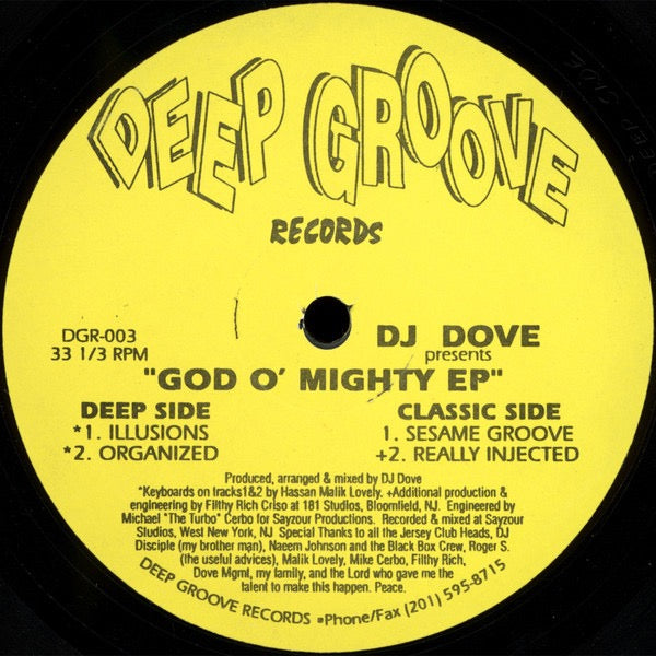 Image of Back Cover of 12" EP - G+/G+ - DJ DOVE, God O' Mighty EP (Deep Groove Records; DGR-003, US 1994, Stickered Plain Sleeve), Light marks and hairlines, playable copy. Marker on label. BPM sticker on sleeve sticker. ,  - 4316118C