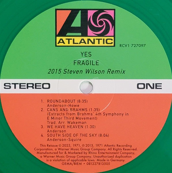 Image of Label Cover of LP - NEW/NEW - YES, Fragile (Steven Wilson Remix) (Atlantic; RCV1 727097, USA & Europe 2025 Reissue, Gatefold, Limited Edition, Green Transparent Vinyl), , Progressive rock with intricate arrangements and the band�s distinctive mix of keyboards, guitar and vocal harmonies. Steven Wilson�s remix gives the album a fresh presentation while preserving its classic sound. - 4236208E