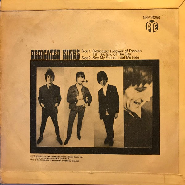 Image of Back Cover of 7" EP - VG/G+ - THE KINKS, Dedicated Kinks (Pye Records; NEP 24258, UK 1966, Laminated Flipback Sleeve, Mono ,  Push out center), ,  Dedicated Follower Of Fashion Till The End Of The Day See My Friends Set Me Free - 4356021S