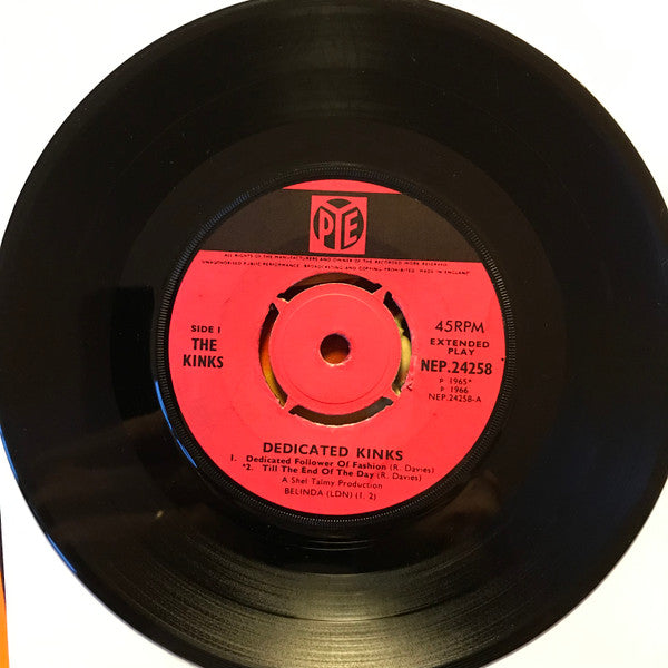 Image of Label Cover of 7" EP - VG/G+ - THE KINKS, Dedicated Kinks (Pye Records; NEP 24258, UK 1966, Laminated Flipback Sleeve, Mono ,  Push out center), ,  Dedicated Follower Of Fashion Till The End Of The Day See My Friends Set Me Free - 4356021S