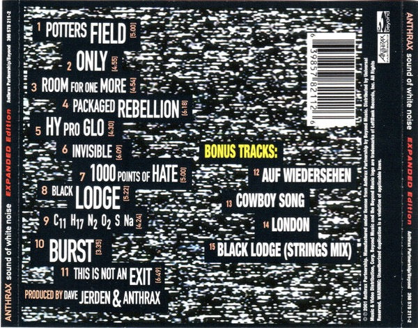 Image of Back Cover of CD - VG+/VG+ - ANTHRAX, Sound Of White Noise (Anthrax Partnership; 398 578 211-2, US 2001, Jewel Case), ,  - 4336013E