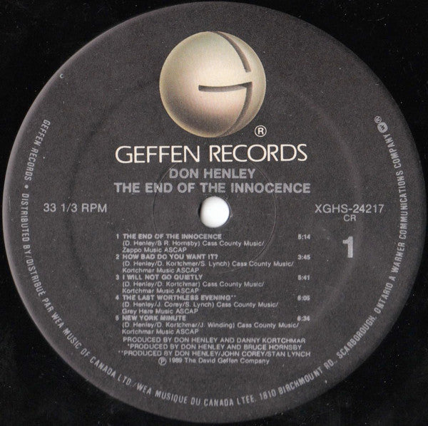 Image of Label Cover of LP - VG/VG - DON HENLEY, The End Of The Innocence (Geffen Records; XGHS 24217, Canada 1989, Inner), ,  - 4326043E