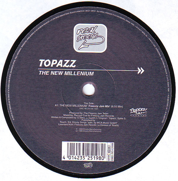 Image of Front Cover of 12" - /G+ - TOPAZZ, The New Millenium (Real Groove; RG 12008, Germany 1998, Plain Sleeve), Fairly marked, but plays decent, with a bit of surface crackle, A1	The New Millenium (Freezzy Jam Mix)B1	The New Millenium (Scaravillenium Mix Cut 1)B2	The New Millenium (Kobbe Mix) - 4326024E