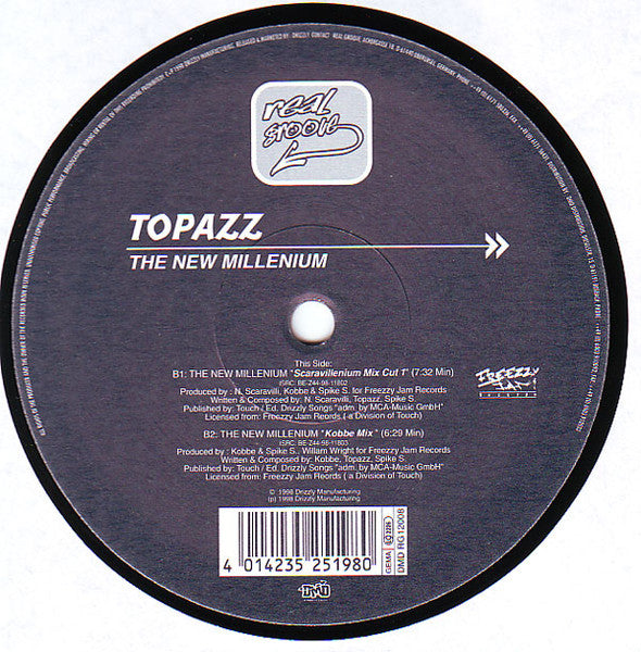 Image of Back Cover of 12" - /G+ - TOPAZZ, The New Millenium (Real Groove; RG 12008, Germany 1998, Plain Sleeve), Fairly marked, but plays decent, with a bit of surface crackle, A1	The New Millenium (Freezzy Jam Mix)B1	The New Millenium (Scaravillenium Mix Cut 1)B2	The New Millenium (Kobbe Mix) - 4326024E
