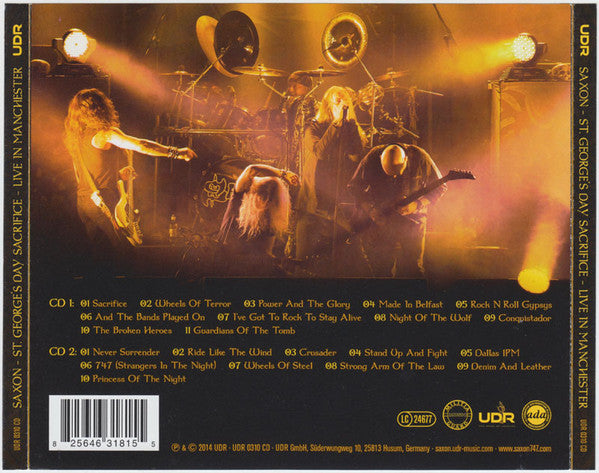 Image of Back Cover of 2xCD - VG/VG+ - SAXON, St. George's Day Sacrifice Live In Manchester (UDR; UDR0310CD, Germany 2014, Jewel Case), ,  - 4336023E