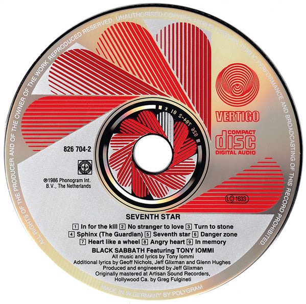 Image of Label Cover of CD - VG+/VG+ - BLACK SABBATH FEATURING TONY IOMMI, Seventh Star (Vertigo; 826 704-2, Europe 1986, Jewel Case), ,  - 4336025E
