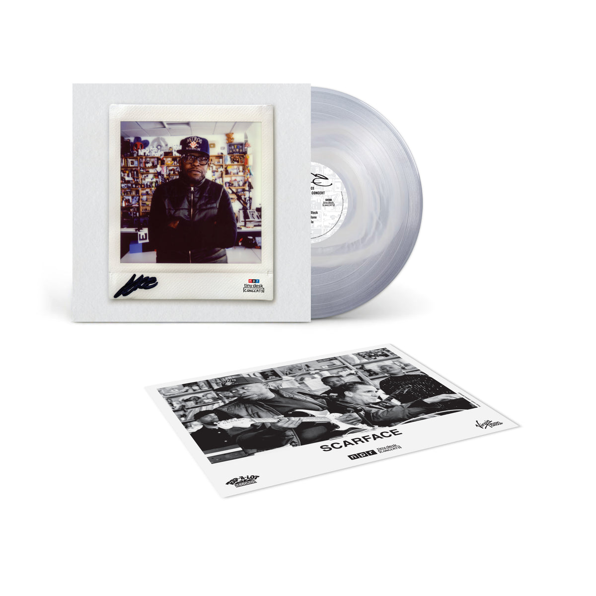 Image of Front Cover of LP - NEW/NEW - SCARFACE, NPR Tiny Desk Concert (Rap-A-Lot; RAL2K006-LP, UK 2026, 8 × 10" Photo, "Live On-Air" Clear Vinyl with Bone Colour-in-Colour Effect), , Scarface’s acclaimed 2023 NPR Tiny Desk performance, released as part of Rap-A-Lot’s 40 Years campaign. Backed by a live band featuring Mike Dean, he reimagines classics including ‘On My Block’, ‘Smile’ and ‘Mind Playing Tricks on Me’. - 9419604C