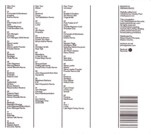 Image of Back Cover of 3xCD - VG+/VG+ - JOHN DIGWEED, Bedrock 10: Past Present Future (Bedrock Records; BEDPPF10, UK 2008, Double CD Case, Booklet), ,  - 4336030E