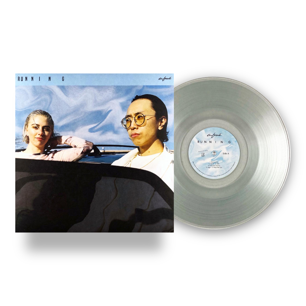 Image of Front Cover of LP - NEW/NEW - CAFUNÉ, Running (Many Hats; C1LP, UK 2026 Reissue, Clear Vinyl), , Four years ago, in a vastly different context, Cafuné — the indie-pop powerhouse of Noah Yoo and Sedona Schat — released Running, a bionic debut album that soundtracked a collective urge for post-pandemic escapism. That record, Schat says, “is literally all about running away.” But as the duo enters its tenth year, their foundational questions—of authenticity, artificiality, and the existential tension 