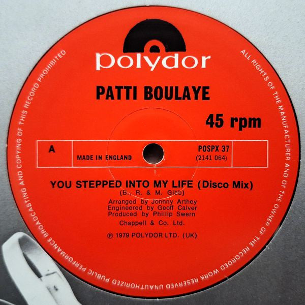 Image of Front Cover of 12" - /VG - PATTI BOULAYE, You Stepped Into My Life (Disco Mix) (Polydor; POSPX 37, UK 1979), Light marks only, plays VG+,  - 4346034S