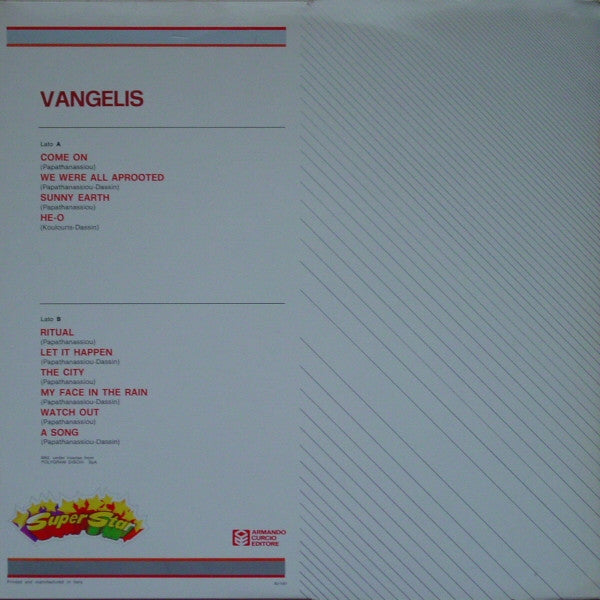 Image of Back Cover of LP - VG/VG - VANGELIS, Vangelis (Armando Curcio Editore; SU-1031, Italy 1982 Reissue, Gatefold, Booklet, Self-Titled Reissue Of The 1973 Album "Earth"), Sticker mark to sleeve varnish.,  - 4316175C