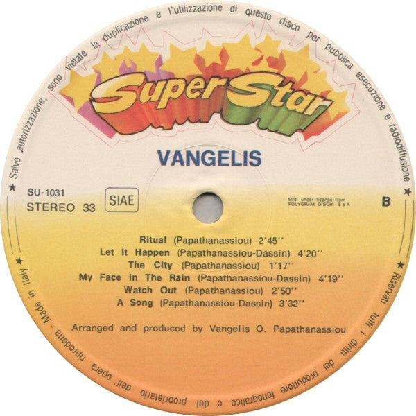 Image of Label Cover of LP - VG/VG - VANGELIS, Vangelis (Armando Curcio Editore; SU-1031, Italy 1982 Reissue, Gatefold, Booklet, Self-Titled Reissue Of The 1973 Album "Earth"), Sticker mark to sleeve varnish.,  - 4316175C