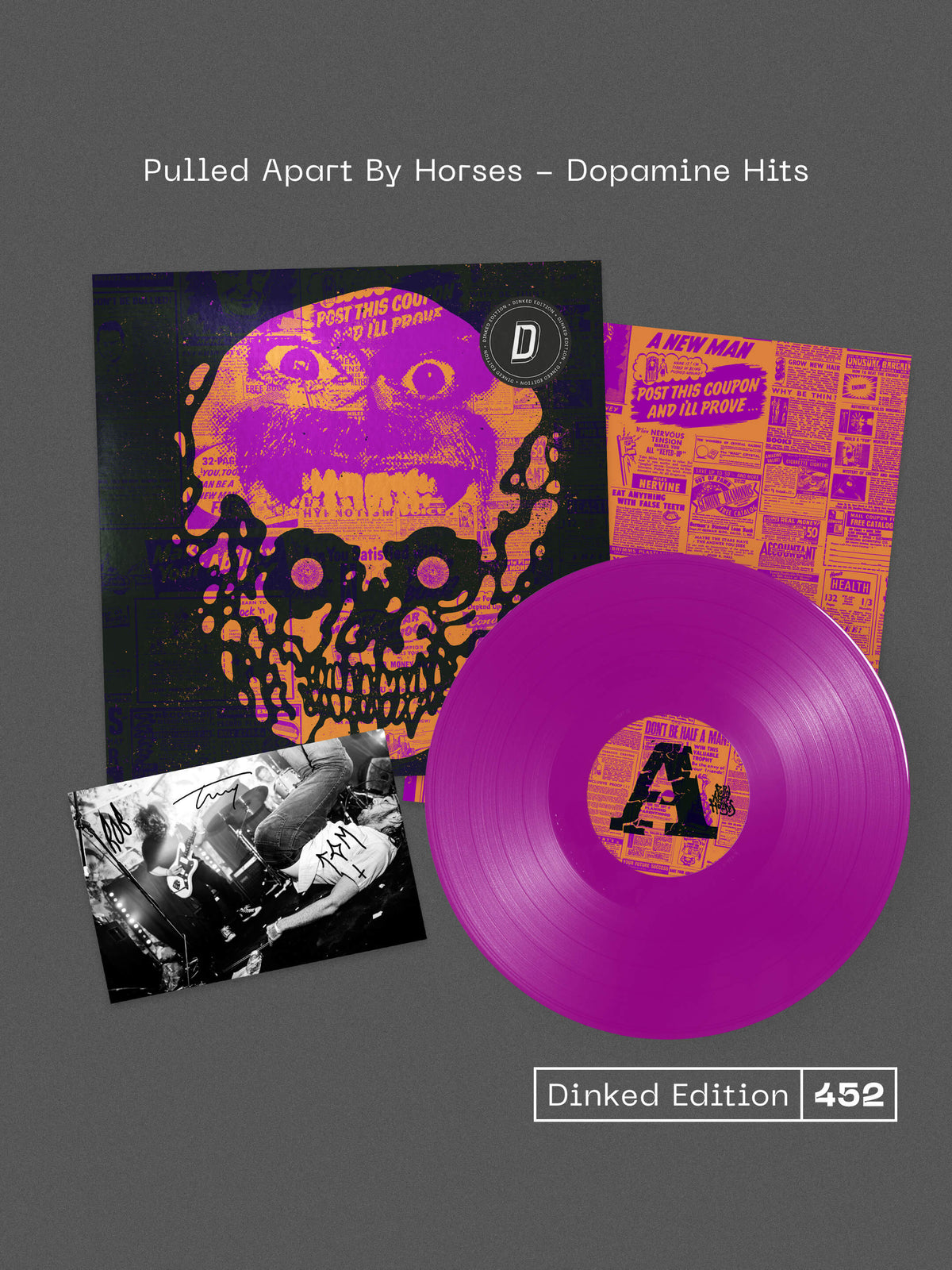 Image of Front Cover of LP - NEW/NEW - PULLED APART BY HORSES, Dopamine Hits - Dinked Edition (Damage Limited Records; DL001LPX, UK 2027, Screen Printed Sleeve, Signed Postcard, Dinked Edition No.452, 'Poison Candy' Purple Vinyl, 12" x 24" Screen Printed Double Sided Inlay, Hand-numbered Pressing of 400), , After nearly two decades, five albums and countless chaotic shows, Pulled Apart By Horses retrurn with album number six, 'Dopamine Hits' - a record built around a newly rediscovered sense of freedom. Wit