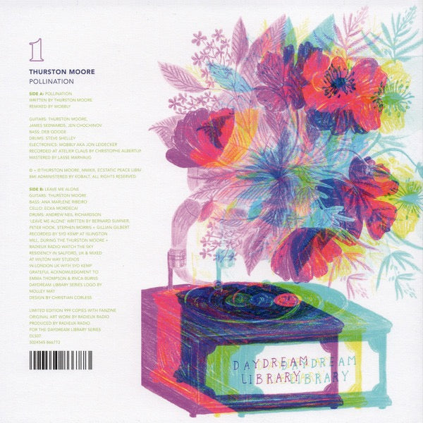 Image of Back Cover of 7" - EX/VG+ - THURSTON MOORE, Pollination (The Daydream Library Series; DLS07, UK 2019, Picture Sleeve, Fanzine, Sonic Youth. Limited To 999 On Yellow Vinyl), Still In Opened Shrinkwrap,  - 4316206C
