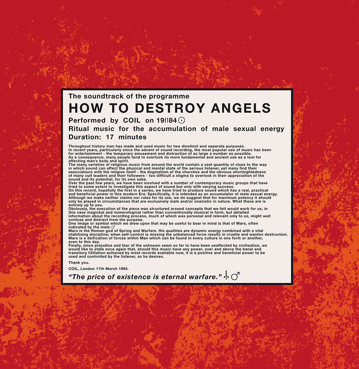 Image of Front Cover of 12" EP - NEW/NEW - COIL, How To Destroy Angels (Sub Rosa; , UK , SRV589, 180g Black Vinyl with Etched B-Side), , First reissue off te seminal 1984 EP.  - 4316240C