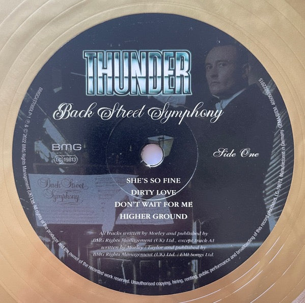 Image of Label Cover of 2xLP - EX/VG+ - THUNDER, Back Street Symphony (BMG ; BMGCAT708DLP, Europe 2023 Reissue, Gatefold, One Disc Gold Vinyl, One Disc Silver Vinyl), Strong VG+, Still In Stickered Shrinkwrap,  - 4326085E