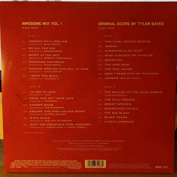 Image of Back Cover of 2xLP - EX/VG+ - VARIOUS, Guardians Of The Galaxy (Deluxe Vinyl Edition) (Hollywood Records; D002959801, US 2018 Reissue, Gatefold, Red And Yellow Swirl Vinyl), ,  - 4326084E