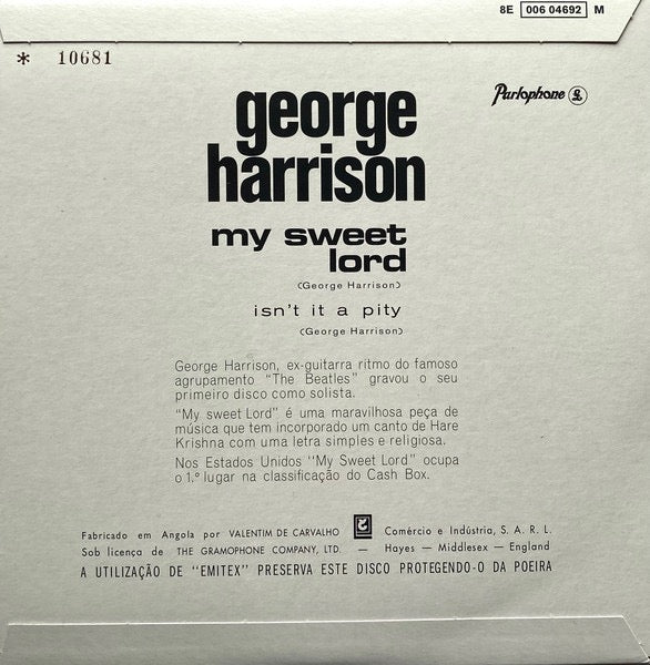 Image of Back Cover of 7" - VG+/VG+ - GEORGE HARRISON, My Sweet Lord (Parlophone; 8E 006 04692 M, Worldwide 2020 Reissue, Picture Sleeve, Clear Vinyl. RSD 2020. Limited Edition Numbered), Limited Edition No 00950,  - 4316212C