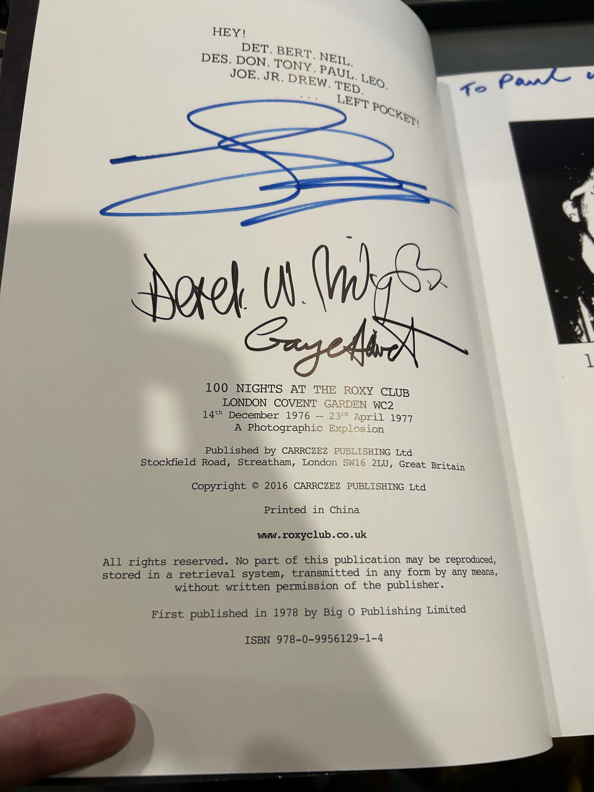 Image of Back Cover of Book - VG+/VG+ - ANDREW CZEZOWSKI, �, ROXY 100 Nights at the Roxy : Punk London 1976-77 Signed Andrew Czezowski & Susan Carrington (; ISBN 10 / ISBN 13: 0995612919 / 9780995612914,  2016 Reissue, Paperback, Signed by Andy Czezowski, Susan Carrington, Derek Ridgers and Gaye Advert), Signed 'To Paul with love' Susan Carrington',  - 4336055E