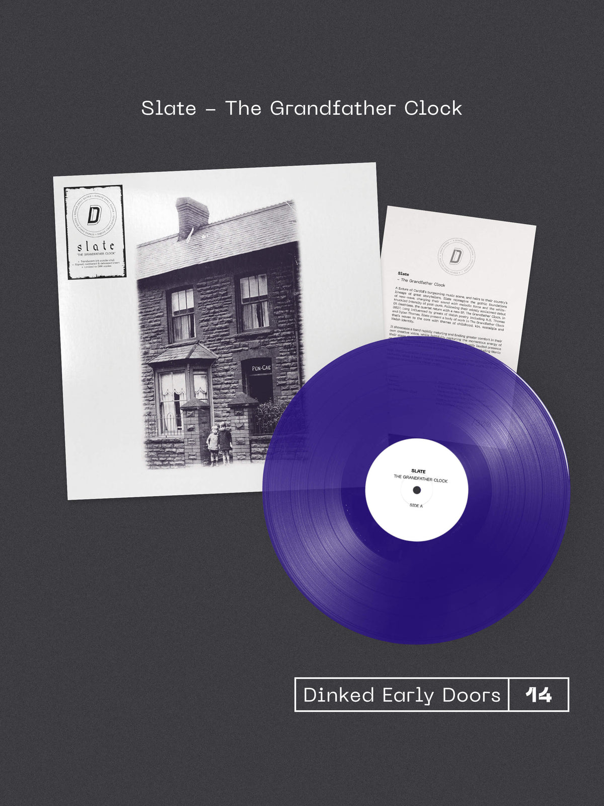 Image of Front Cover of LP - NEW/NEW - SLATE, The Grandfather Clock - Dinked Edition (Brace Yourself; NERD14, UK 2027, Dinked Early Doors No. 14 exclusive; translucent ink purple vinyl; numbered and debossed A5 insert; Dinked sticker; limited to 300 copies; no download), , Cardiff post-punk quartet Slate return with their four-track EP The Grandfather Clock, following Deathless. Blending gothic new-wave influences with themes of childhood, nostalgia and Welsh identity, the release captures the intensity of 