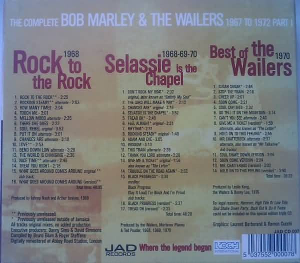 Image of Back Cover of 4xCD - VG/VG+ - BOB MARLEY & THE WAILERS, The Complete Bob Marley & The Wailers 1967 To 1972 Part I (JAD Records; JAD CD 007, UK 1998, Wooden Promotional Box Set, Insert, Includes CD Single and XL White T-shirt with Same Artwork. Unusual Item - Please Enquire about Postage. ), Slight Damage to Botton Right Corner of Wooden box,  - 4336044E