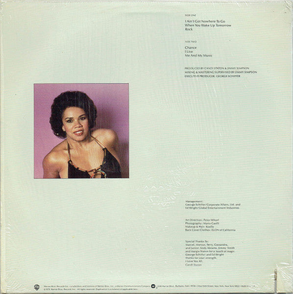 Image of Back Cover of LP - VG+/EX - CANDI STATON, Chance (Warner Bros. Records; BSK 3333, US 1979, Inner, Winchester pressing), Looks unplayed. Cut-out strip on sleeve top right. ,  - 4326123E