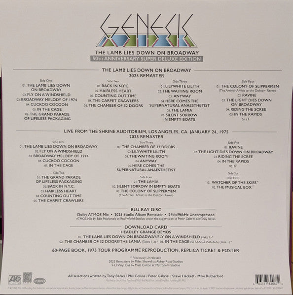 Image of Back Cover of 6xLP - EX/EX - GENESIS, The Lamb Lies Down On Broadway (Rhino Records; R1 727105, Europe 2025, Box Set, Inners & Inserts, Poster, 5 LPs. 1 BluRay. 60 page book. Tour program. Ticket. ), Shrink with hype sticker has been taken off but is included within the box. ,  - 4226199E