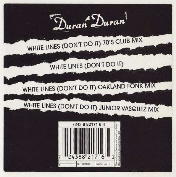 Image of Front Cover of LP - VG/VG+ - DURAN DURAN, White Lines (Don't Do It) (Parlophone; 12DD19, UK 1995, Hype Stickered Plain White Die Cut Sleeve), ,  - 4316232C