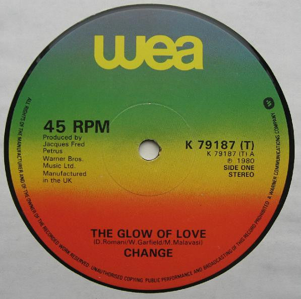 Image of Front Cover of 12" - G+/VG - CHANGE, The Glow Of Love (WEA; K 79187 (T), UK 1980, Company Sleeve), company sleeve - some wear. pen on label - light scuffs only,  - 4346148S