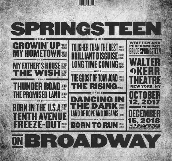 Image of Back Cover of 4xLP - NEW/NEW - BRUCE SPRINGSTEEN, Springsteen On Broadway (Columbia ; 19075904371, Europe 2019), , The Rock & Roll Hall of Famer shares personal stories while performing hits from throughout his 50-year career in a solo acoustic performance at Broadway's Walter Kerr Theatre; featuring a special appearance by Patti Scialfa. - 4236211E