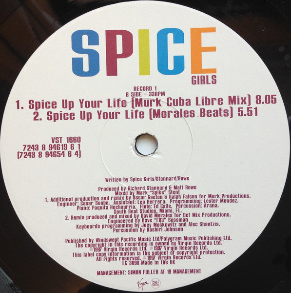 Image of Label Cover of 2x12" - VG/VG - SPICE GIRLS, Spice Up Your Life (Virgin; VST 1660, UK 1997, Title Stickered Plain Die Cut Sleeve), Cosmetic mark across side one letting the side down, otherwise VG+.,  - 4316250C