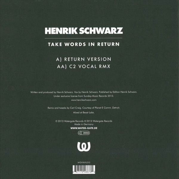 Image of Back Cover of 12" - VG+/VG - HENRIK SCHWARZ, Take Words In Return (Watergate Records; WGVINYL010, Germany 2013), ,  - 4316266C