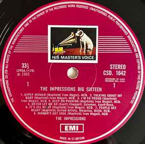 Image of Label Cover of LP - G+/G+ - THE IMPRESSIONS, Big Sixteen (His Master's Voice; CSD 1642, UK 1965, Flipback Sleeve), Lots of marks but plays above grade. Wear tosleeve with multiple creasing.,  - 4346173S